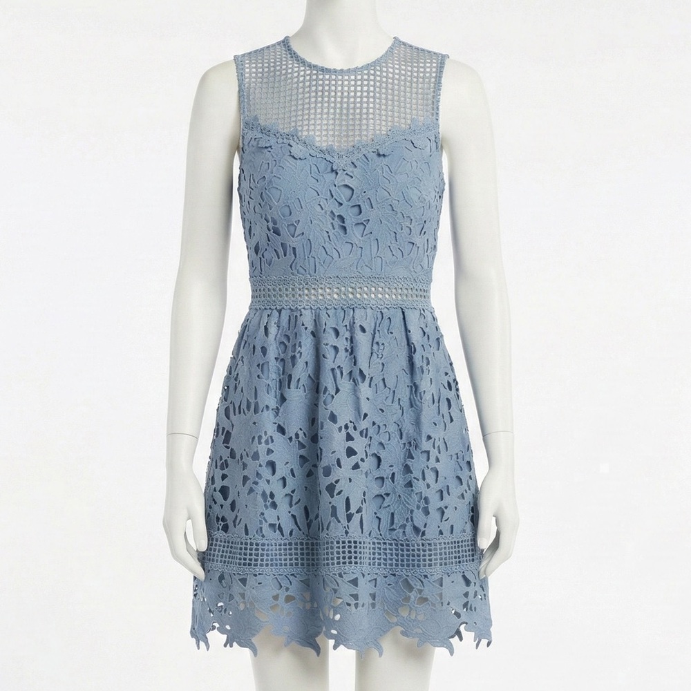 Aqua Lace Fit & Flare Mini Dress Blue Illusion Mesh Eyelet Wedding Guest XS